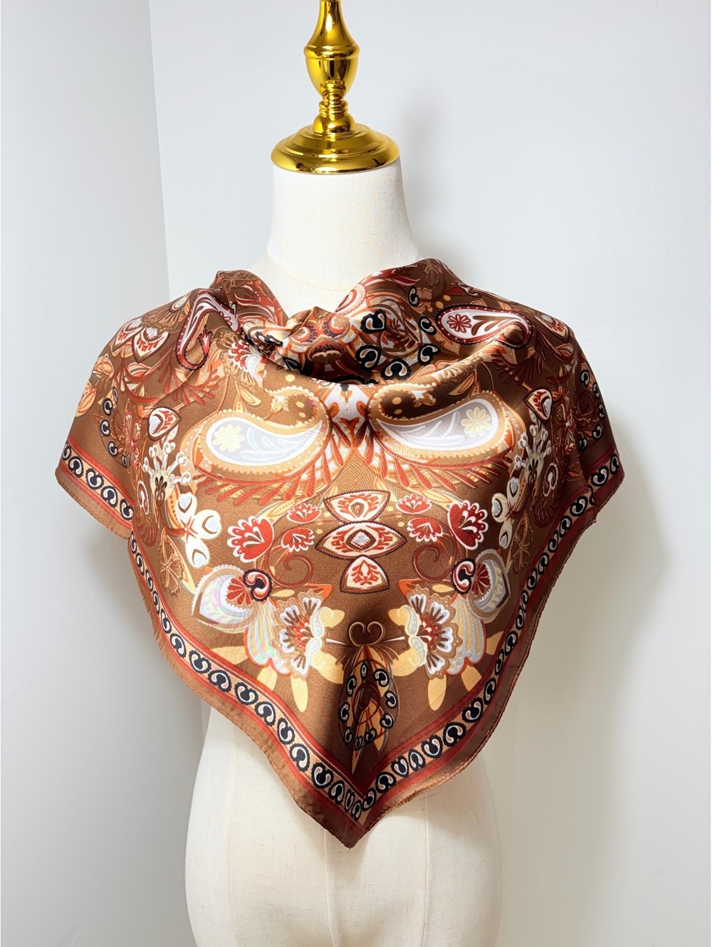 Elegant Brown Paisley Floral Satin Polyester Scarf 68cm x 68cm Women's Accessory